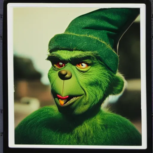 Image similar to polaroid photo of a sad grinch