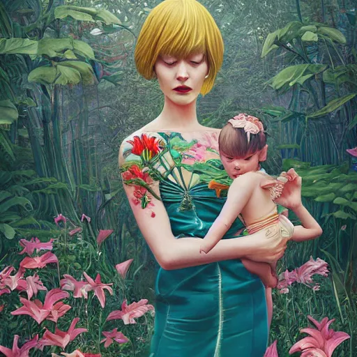 Image similar to pretty mother with child in arm with lilies : : by martine johanna and simon stalenhag and chie yoshii and casey weldon and wlop : : ornate, dynamic, particulate, rich colors, intricate, elegant, highly detailed, vogue, harper's bazaar art, fashion magazine, smooth, sharp focus, 8 k, octane render