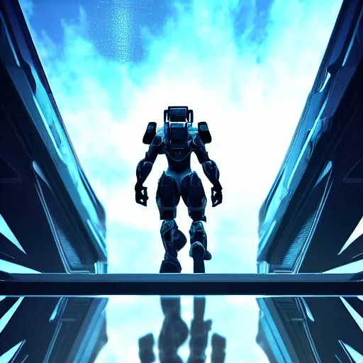 Image similar to cyberpunk halo character walking on a space bridge, close shot, reflection, epic, dramatic, cinematic, award winning, ultra detailed, realistic