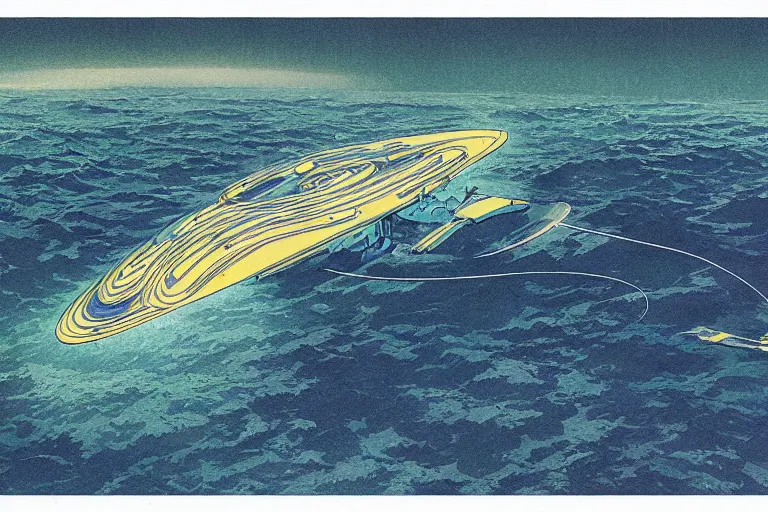 Image similar to an atlantidean organic spaceship drifting trough the sea of dirac, very detailed, in the style of hiroshi yoshida - c 9. 0