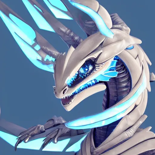 Image similar to close-up bust of a cute and beautiful anthropomorphic female robot dragon doing an elegant pose for the camera, has two adorable blue eyes, a sleek yet elegant design, with two big epic wings behind her, two arms that have sharp claws, two legs, a long tail behind her; high quality digital art, artstation, deviantart, furaffinity
