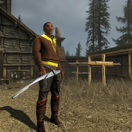 Prompt: in - game screenshot of gustavo fring in skyrim