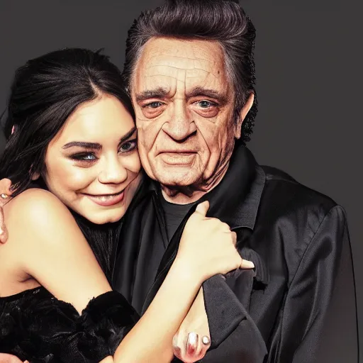 Prompt: Johnny Cash hugging Vanessa hudgens, realistic, 8k resolution, hyperdetailed, highly detailed, real life, studio lighting, high quality, dramatic shot,