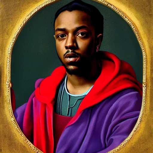 Image similar to a renaissance style portrait painting of kendrick lamar