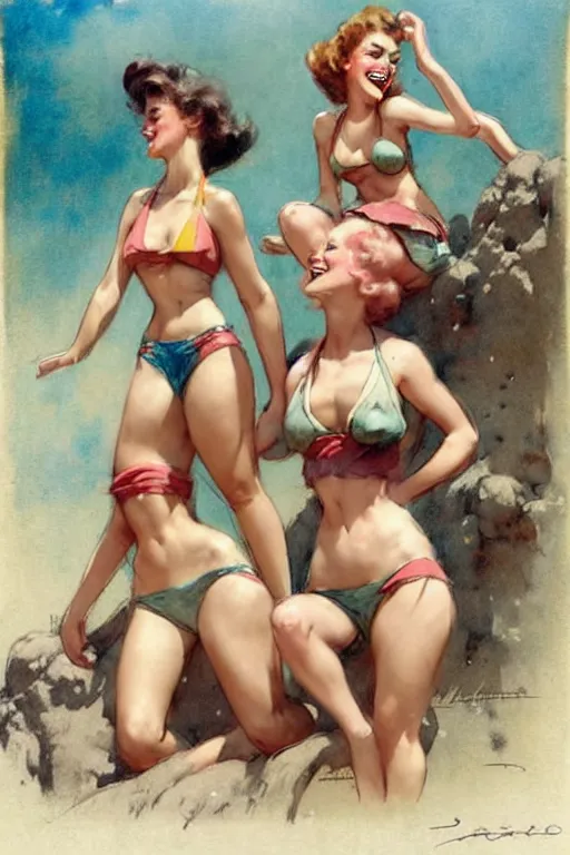 Image similar to (((((1950s three adventure bikini girls playing together character illustration. muted colors.))))) by Jean-Baptiste Monge !!!!!!!!!!!!!!!!!!!!!!!!!!!