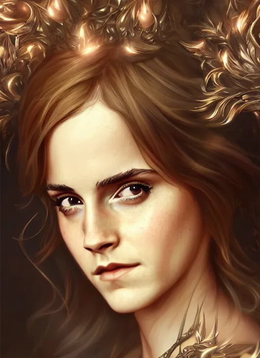 Image similar to emma watson as magic druid, shiny background, intricate, elegant, highly detailed, digital painting, artstation, concept art, smooth, sharp focus, illustration, artgerm, bouguereau