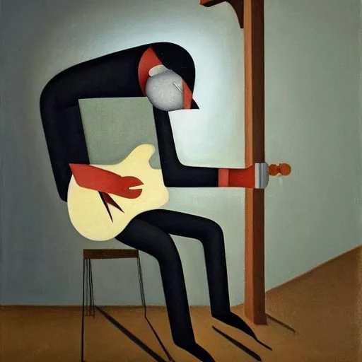 Image similar to a painting of a man playing the guitar by gertrude abercrombie. precisionism, surrealism, dark, low contrast, featured on pixiv, art on instagram, detailed painting