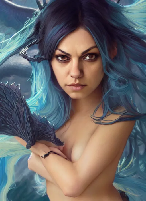 Image similar to mila kunis with a dragon back tattoo, light blue hair, rem rezero, laser lights, sharp focus, digital painting, 8 k, concept art, art by wlop, artgerm, greg rutkowski, alphonse mucha