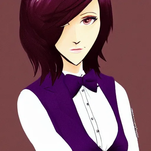 Image similar to woman in black business suit, purple tie, brown neat hair, pixiv, fanbox, trending on artstation, portrait, digital art, modern, sleek, highly detailed, formal, serious, determined, competent, colorized, smooth, charming, pretty, safe for work, thick