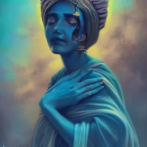 Image similar to old Desi majestic lady guru, looking upwards, despair, kneeling, mystic, blue, by Anato Finnstark, Tom Bagshaw, Brom