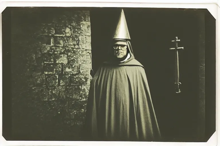 Image similar to dark old polaroid of an medieval bishop, wide angle