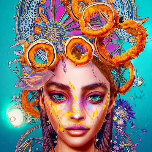 Prompt: the face of a ridiculously beautiful and pretty arab woman partially made of onion rings of all colors looking down, an ultrafine detailed illustration by james jean, final fantasy, intricate linework, bright colors, behance contest winner, vanitas, angular, altermodern, unreal engine 5 highly rendered, global illumination, radiant light, detailed and intricate environment