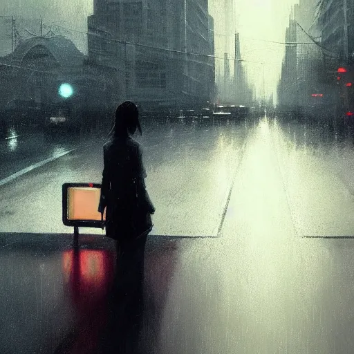 Image similar to detailed portrait of a woman, moment, chillwave elevated train, electronic billboards, tech noir, wet reflections, atmospheric, ambient, livia prima, greg rutkowski, edward hopper, pj crook