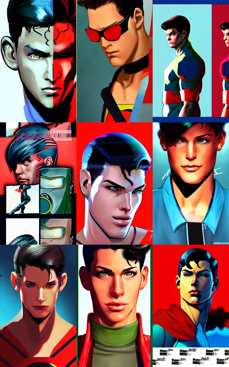 Prompt: character concept portrait, 90's superboy, style digital painting, concept art, smooth, sharp focus, illustration, from Metal Gear, by Alex Ross