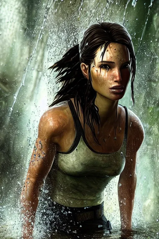 Image similar to portrait of a beautiful lara croft, drenched body, wet dripping hair, emerging from the water, fractal crystal