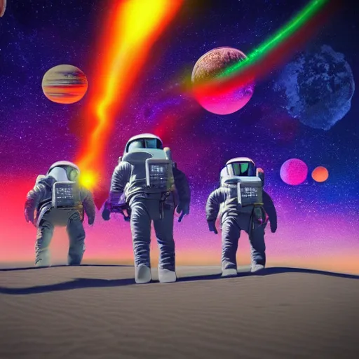 Image similar to three amigos on a space adventure, psychedelic colors, extremely detailed, fractal sky, unreal engine 6k render