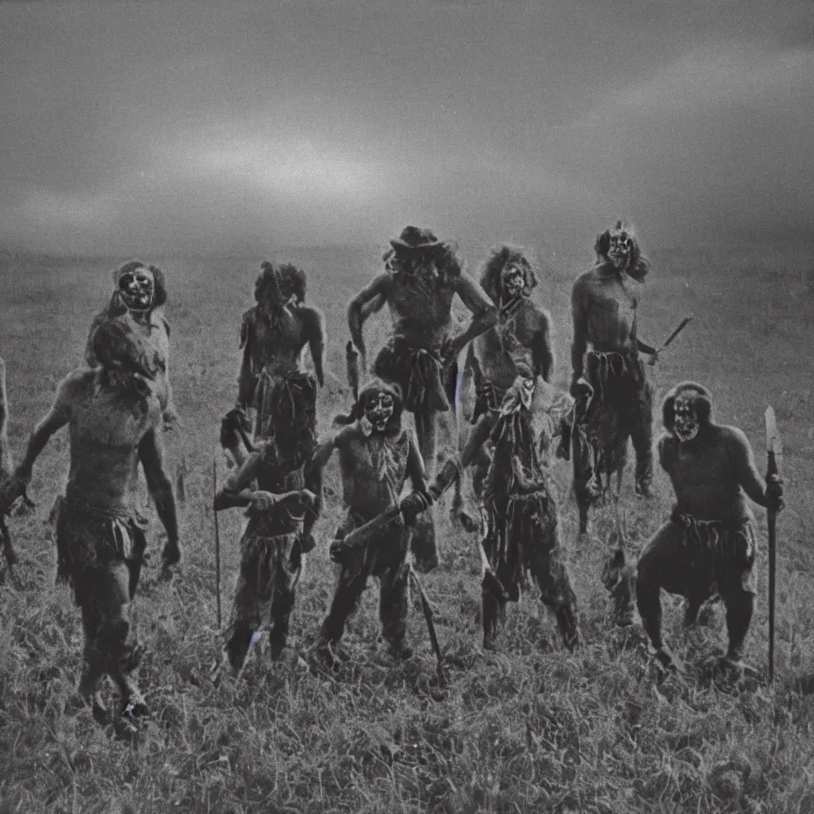 Image similar to circa 1 9 7 0 s restored 1 3 mm film photograph of a group of clowns in a field holding machetes at night, liminal, dark, thunderstorm, dark, flash on, blurry, ominous lighting