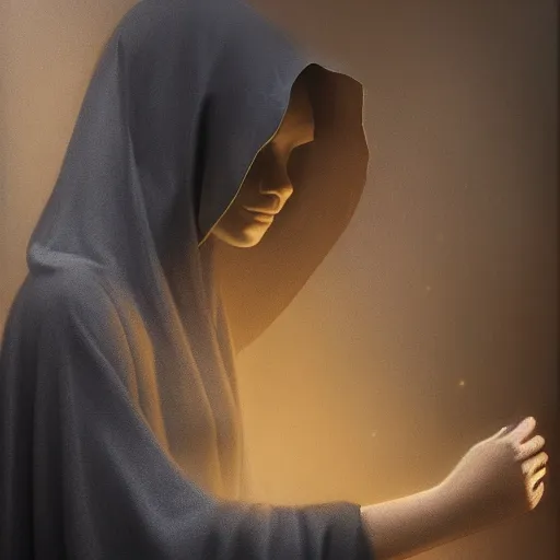 Image similar to a portrait of a young woman wearing a long dark cloak, hood and shadows covering face, holding golden chains, oil painting, matte painting, black background, Volumetric Golden dappled dynamic lighting, Highly Detailed, Cinematic Lighting, Unreal Engine, 8k, HD, by Beksinski