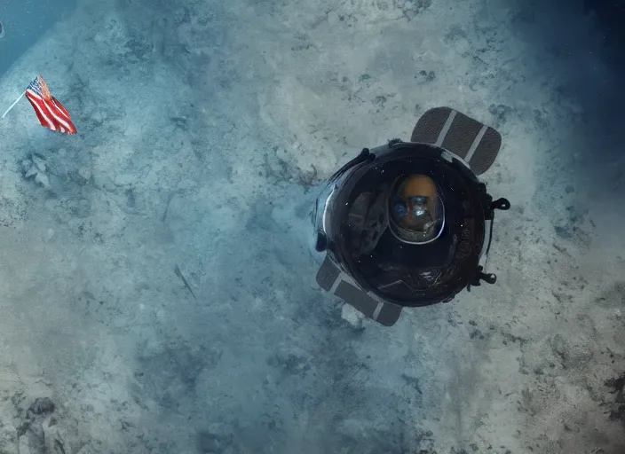 Image similar to astronaut underwater putting a flag in the sand of the bottom of the ocean. the remains of a futuristic submarine are visible in the distance. dark, concept art, cinematic, dramatic, atmospheric, 8 k, trending on artstation, low visibility, fog, ocean floor, zack snyder