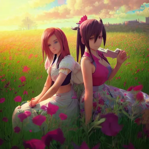 Image similar to aerith and yuffie from final fantasy 7 remake sitting in a flower field by ilya kuvshinov, rtx reflections, maya, extreme high intricate hyperrealistic details by wlop, digital art by ross tran, medium shot, composition by sana takeda, dramatic lighting by greg rutkowski