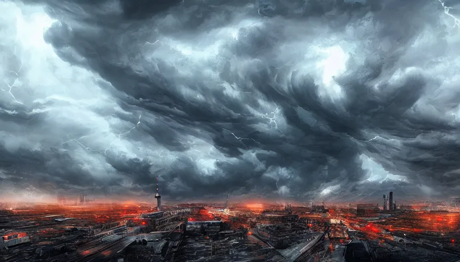 Prompt: storm destroying berlin, damaged buildings, dark cloudy sky, hyperdetailed, artstation, cgsociety, 8 k