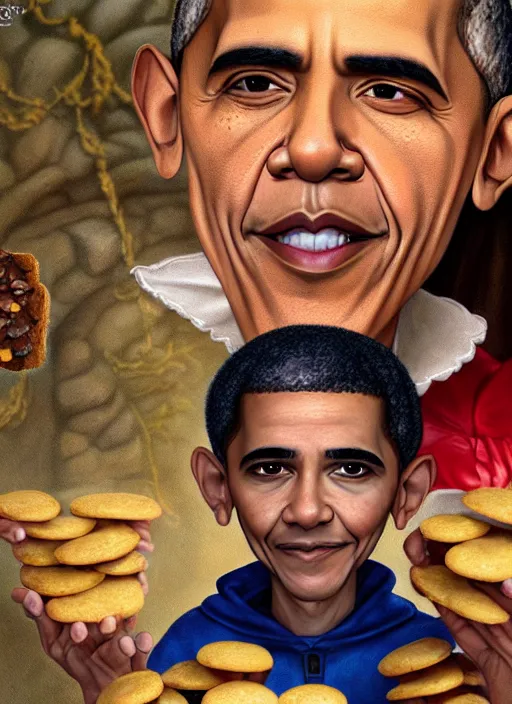 Image similar to highly detailed closeup portrait of obama as a fairytale medieval prince eating cookies, unreal engine, nicoletta ceccoli, mark ryden, lostfish, earl norem, global illumination, god rays, detailed and intricate environment