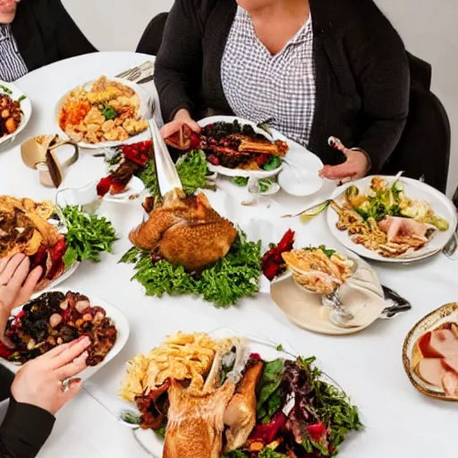 Prompt: Photo of a civilized and well dressed dog family around a dinner table having turkey and bone salads