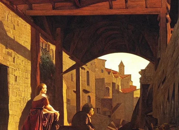 Prompt: a giant sitting under a wooden passage in a medieval port, golden hour, dramatic lighting, fluid, smooth, bright, colours, high contrast, sharpness, very detailed, intricate, by hildebrandt brothers, frazetta, giorgio de chirico and botticelli