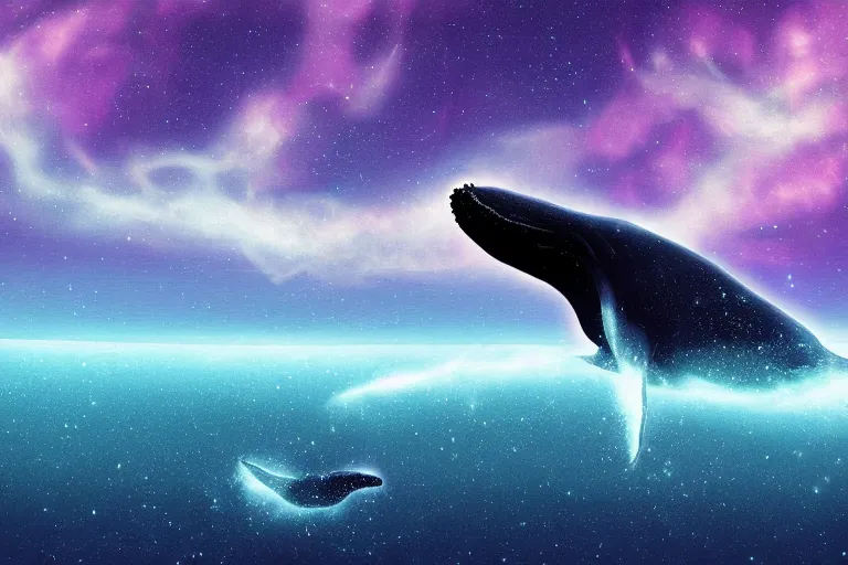 Prompt: a bioluminescent humpback whale swimming through the cosmos, digital art, photorealistic