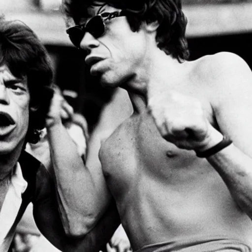 Prompt: Mick Jagger fighting Elton John in the street. 1978. Still from CNN broadcast news