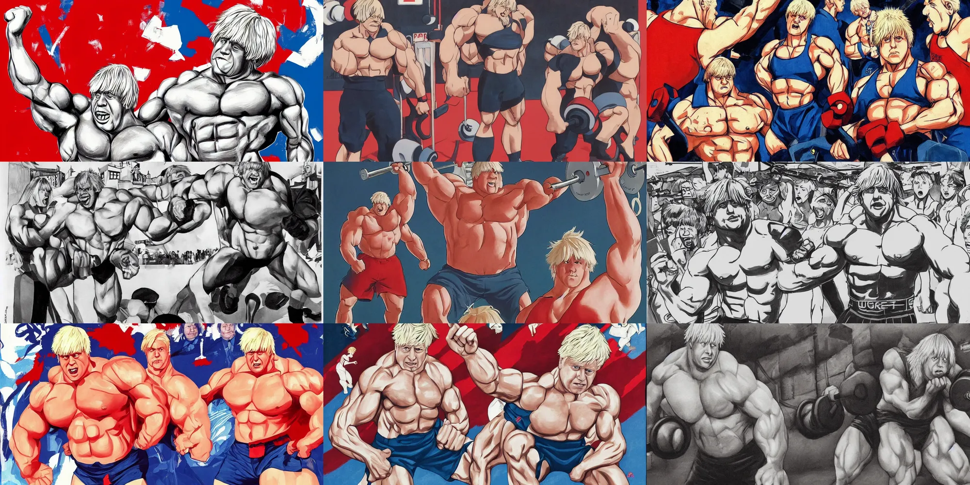 Prompt: a very strong boris johnson in the gym, big muscles, anime, illustration, hyper realistic, ussr propaganda poster