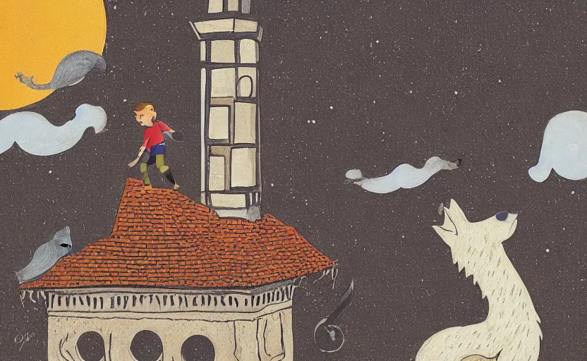 Image similar to a boy fighting a wolf on the edge of a clocktower, storybook, gouache, flat, print