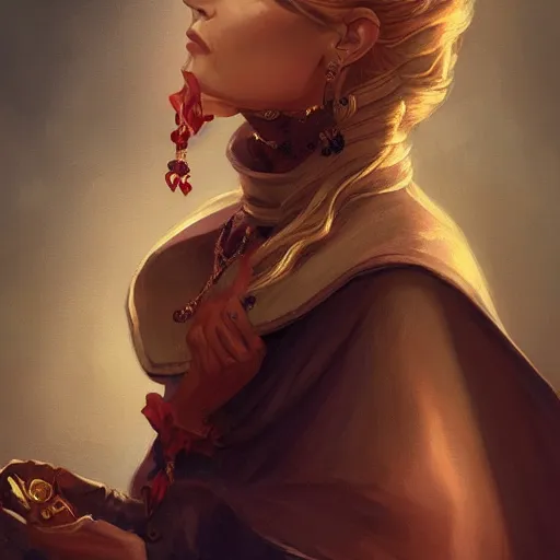 Image similar to a detailed matte head - on portrait painting of an middle - aged tiefling elegant and distinguished noblewoman with golden eyes and short long flowing red hair, by charlie bowater, lise deharme, wlop, tending on arstation, dungeons and dragon, dnd, pathfinder, fanart, oil on canvas