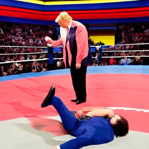 Image similar to donald trump wrestling vladimir putin, wrestling ring, vivid, colorful