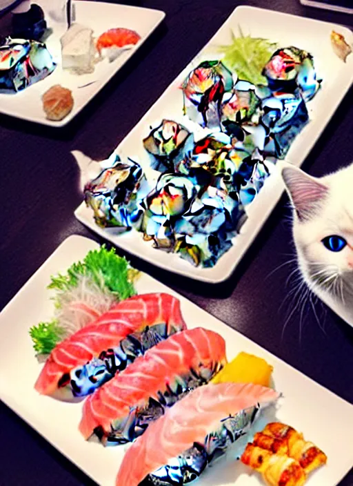 Image similar to clear photorealistic picture of adorable cats eating sushi