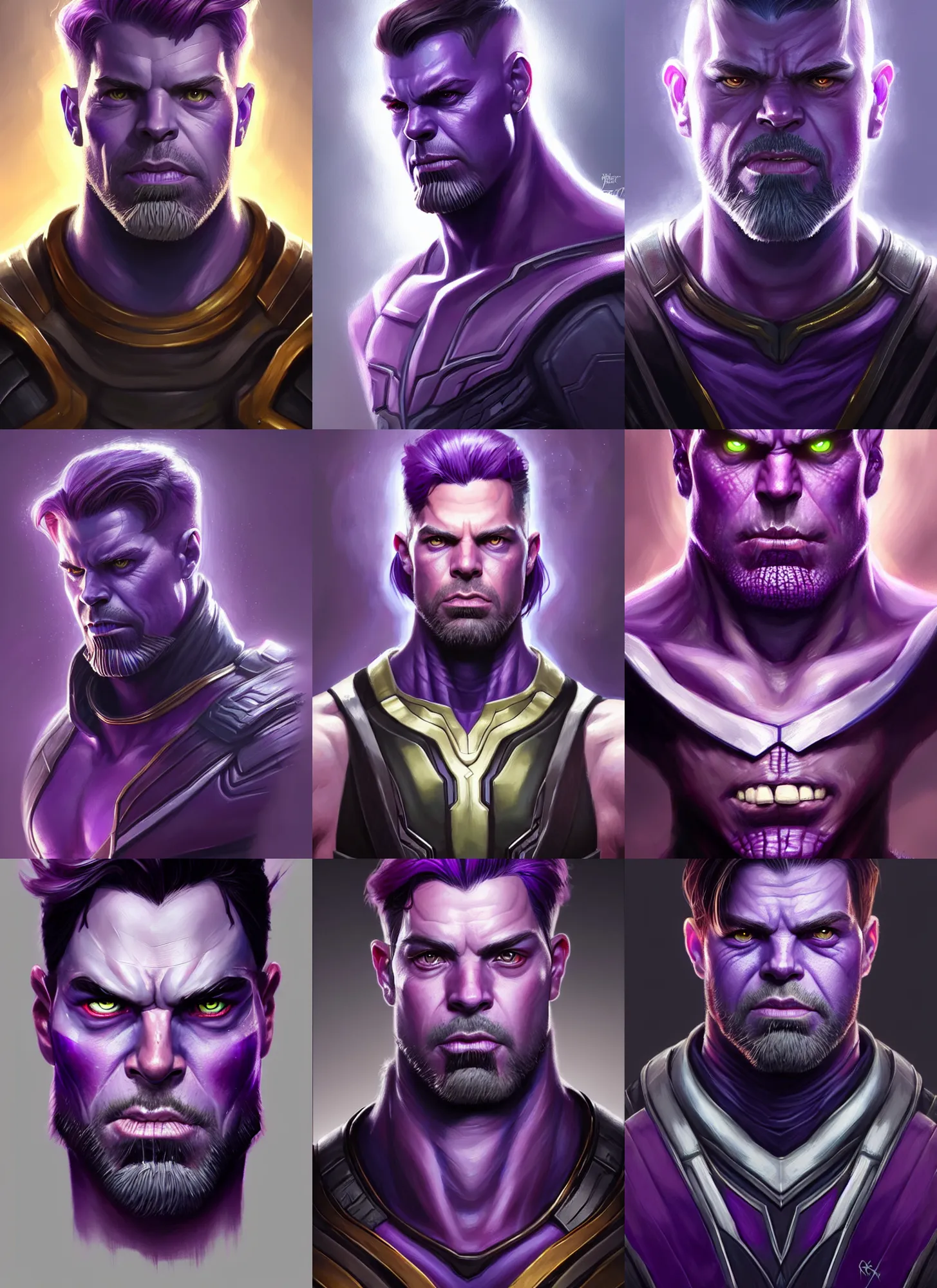 Prompt: a fantasy style portrait painting a character if bucky barnes and thanos had a son, purple skin, powerful chin, thanos style traits, painting, unreal 5, daz., rpg, portrait, extremely detailed, artgerm greg rutkowski _ greg