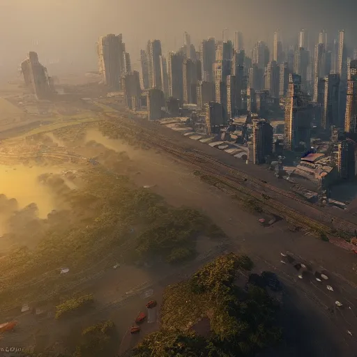 Prompt: mumbai in the year 2 0 7 0, epic, dramatic lighting from above, dark, vines, fantasy, dust, unreal engine, octane, highly detailed, concept art, dark, super realistic,