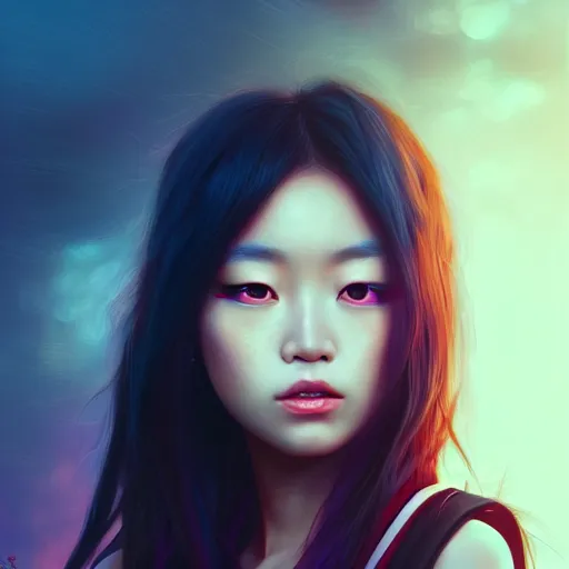 Prompt: a Photorealistic dramatic hyperrealistic bright eyes, Asian girl, beautiful hair, by Sam yang, samdoesart, Beautiful dynamic dramatic bright sunset lighting,shadows,cinematic atmosphere,Artstation,concept design art, digital painting, 8k