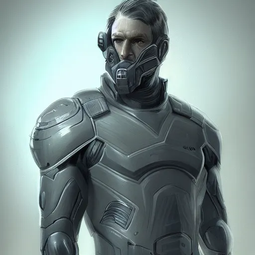 Prompt: a portrait of a tall muscular man with short grey hair and a tactical suit on, D&D, sci-fi, elegant, hopeful, muscular, highly detailed, digital painting, artstation, concept art, smooth, sharp focus, illustration