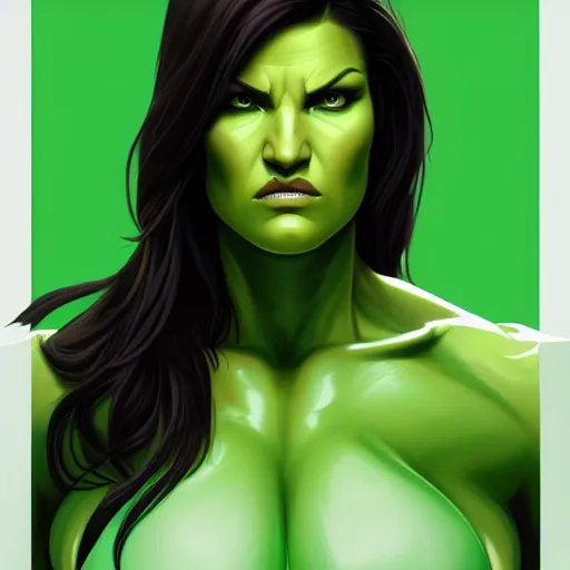 Image similar to beautiful Gina Carano skinny She Hulk green skin, symmetrical, middle shot, portrait, highly detailed, digital painting, artstation, concept art, smooth, sharp focus, illustration