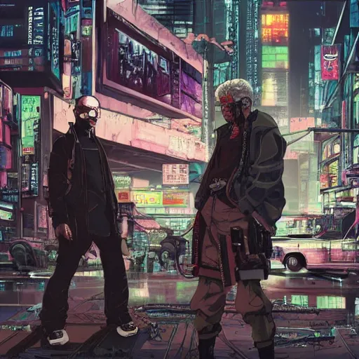 Prompt: cyberpunk sonny barger and hunter thompson, ghost in the shell, anime key visual, wit studio official media, cyberpunk wired city, smoke and rubble, high detail