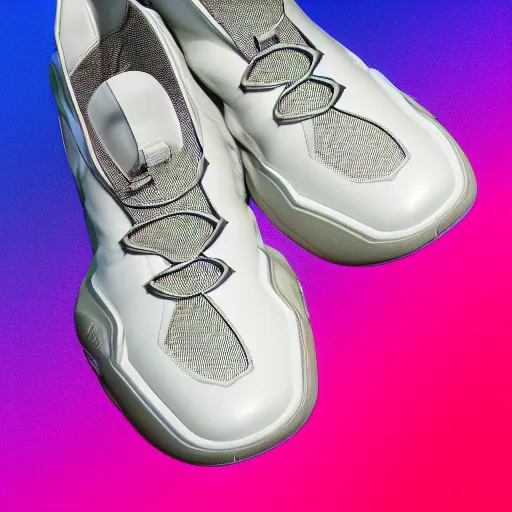 Image similar to subject photo photo of cyber balenciaga sneakers on gradient background, ultra rendered extreme realism and detail, 8 k, pbr, surreal, colorful, direct lighting,