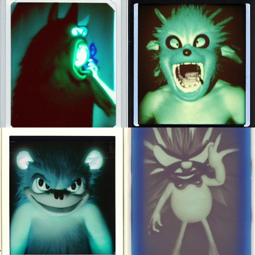 Prompt: medical instax polaroid film still of a sonic the hedgehog blue swamp creature with fangs and claws, faded glow, anomorphic lens flare, creepypasta