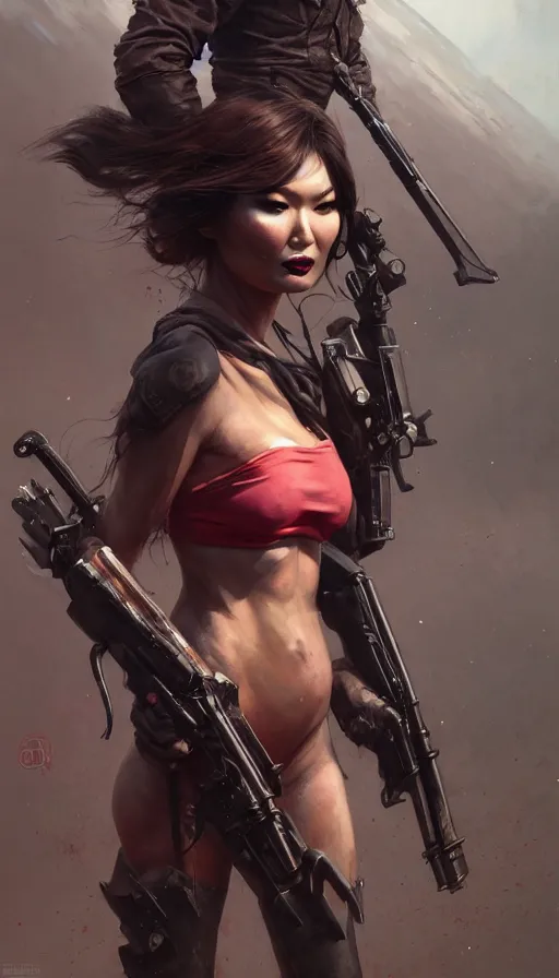 Image similar to road warrior, gemma chan beautiful girl, poetic, gorgeous, pinup, muscle cars, weapons, dystopian, tim okamura, george miller, made by stanley artgerm lau, wlop, rossdraws, james jean, andrei riabovitchev, marc simonetti, yoshitaka amano, beksinski artstation, cgsociety