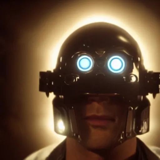 Image similar to movie still of a man with a cyborg helmet with a glowing third eye, cinematic composition, cinematic light, by edgar wright and david lynch