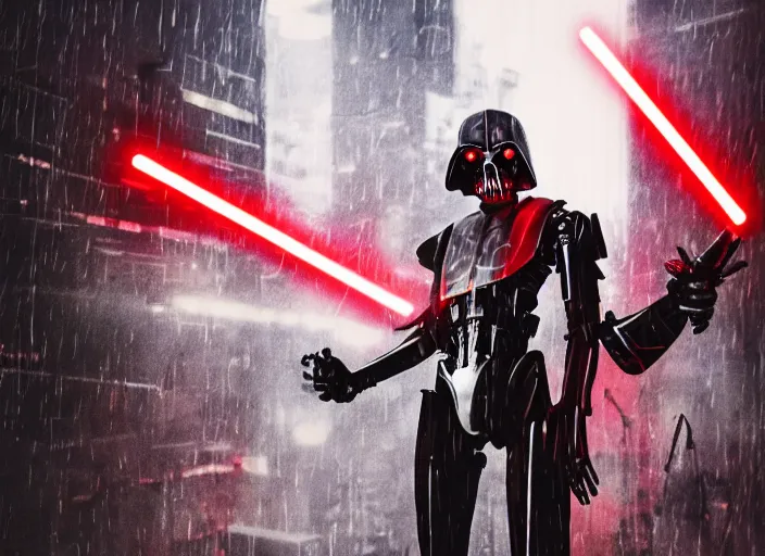 Prompt: portrait photo of general grievous with arms holding 4 activated red lightsabers in the rain. cyberpunk horror style.