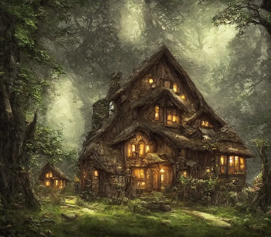 Image similar to a cottage in the woods, fantasy art, detailed, hyper realistic, cinematic