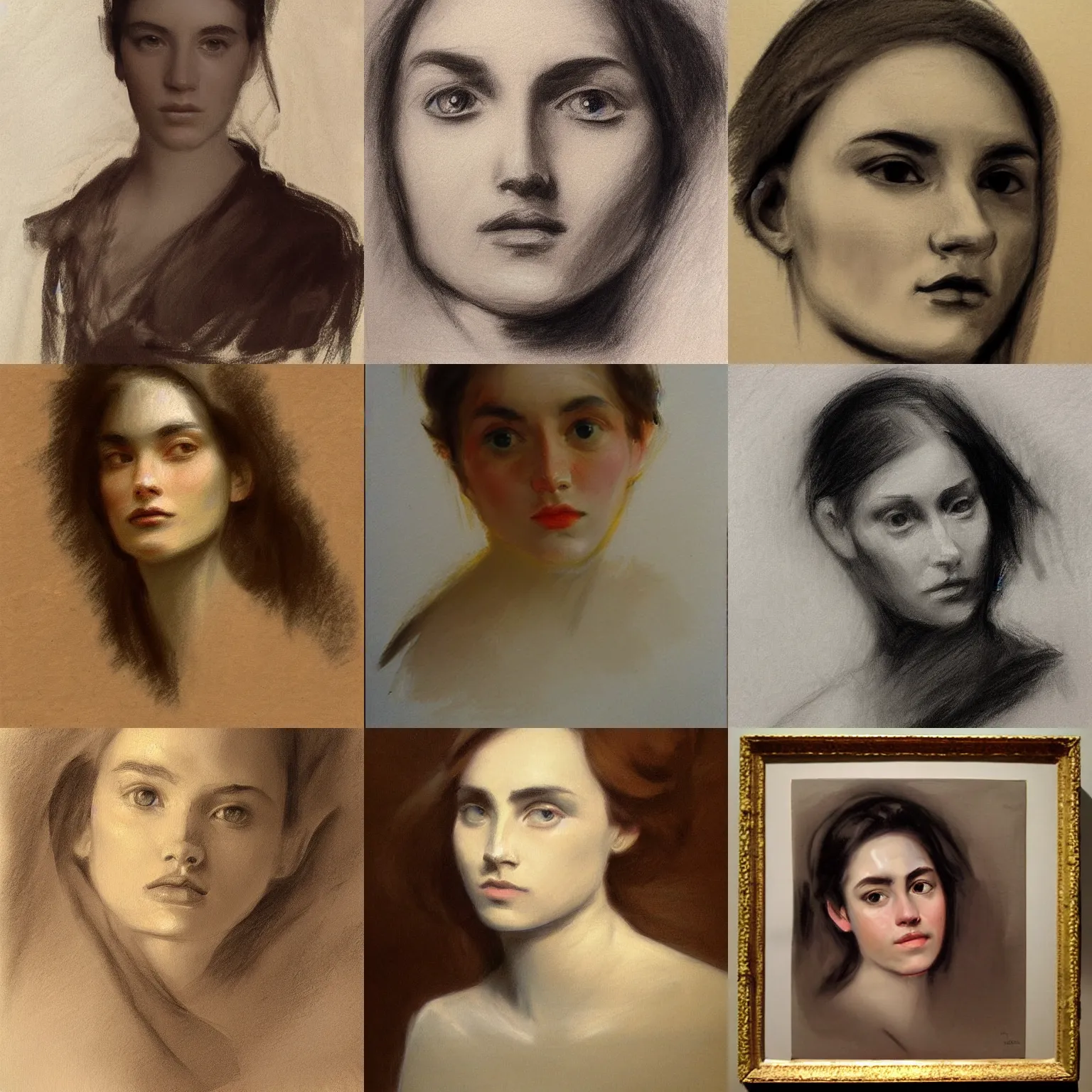 Prompt: 1 hour rough underpainting painting of a beautiful face, pencil drawing by john singer sargent