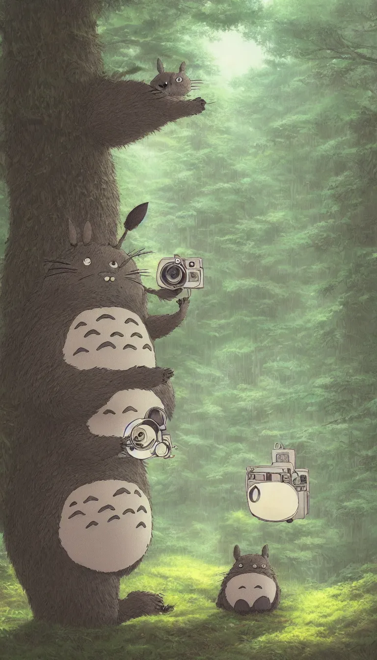 Image similar to illustration of totoro holding a large film camera, studio ghibli, pixar, high detail, award-winning, forest, digital painting, concept art, by Evgeny Lushpin