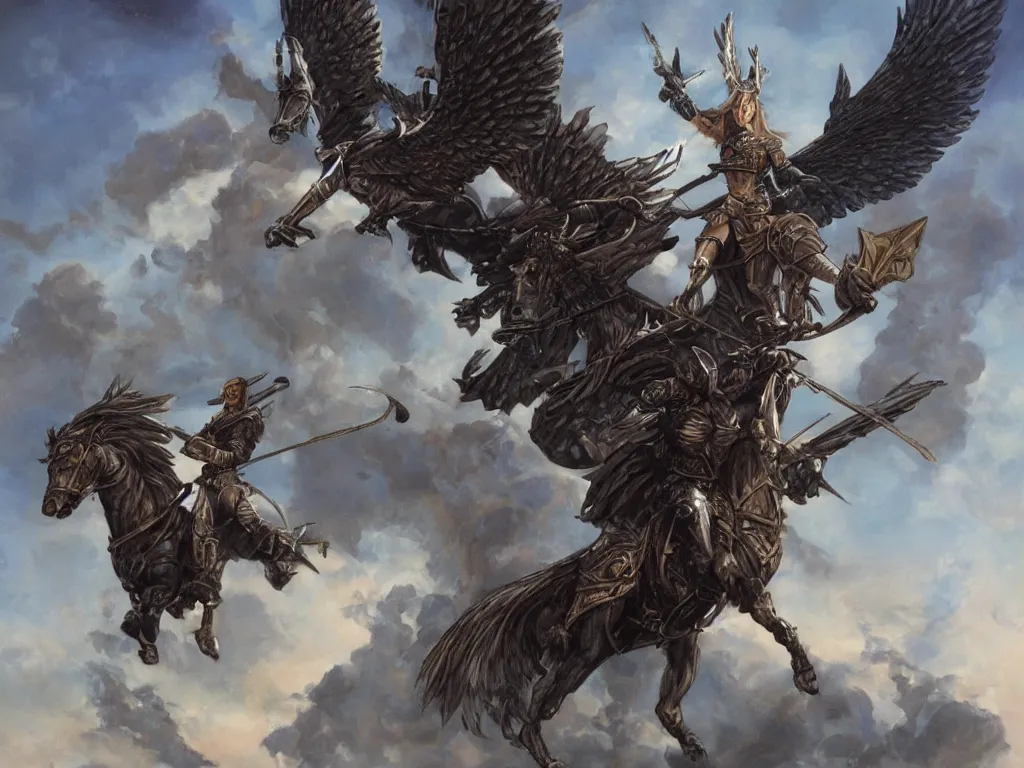 Image similar to valkyrie on pegasus, epic scene, style of brom, highly detailed